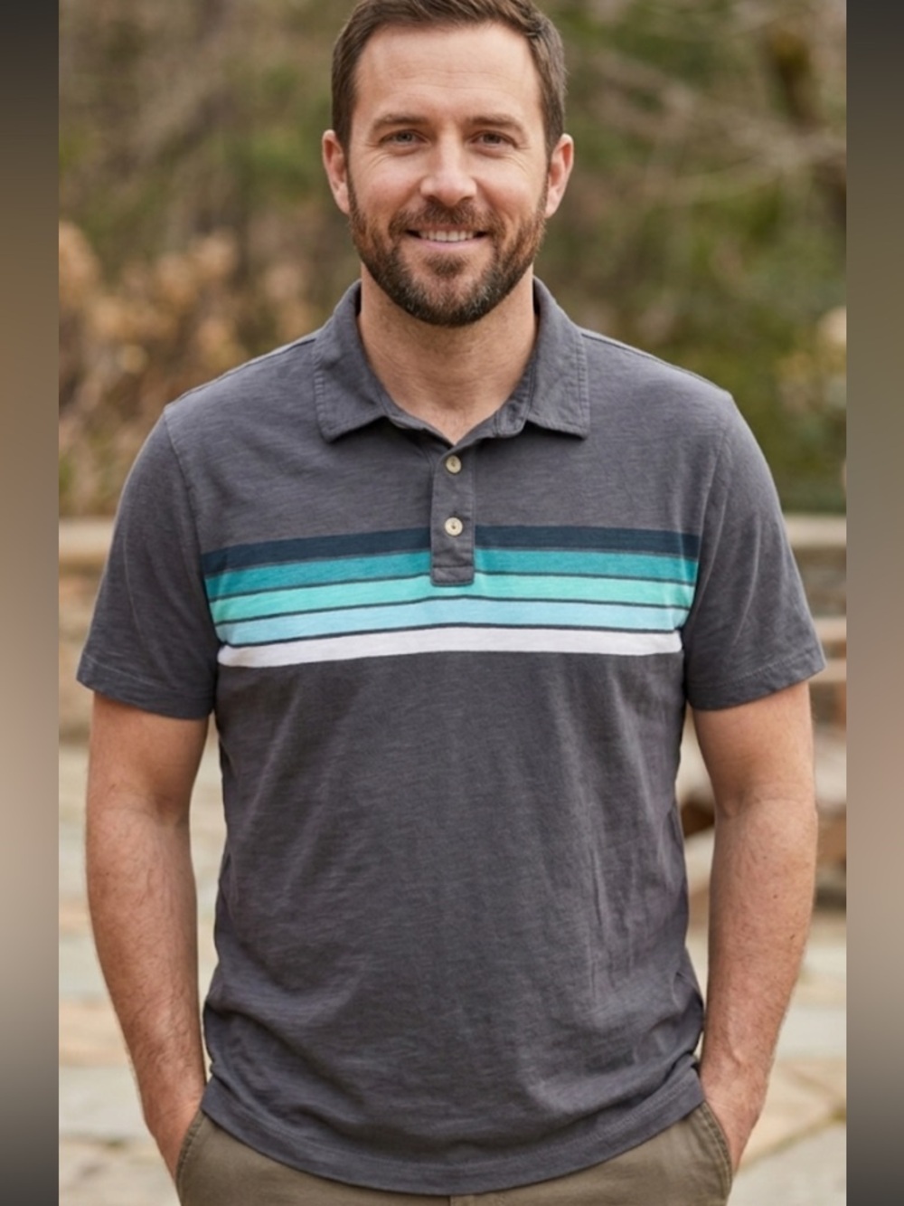Sonoma Gray Polo with Teal and White Chest Stripes Size XL